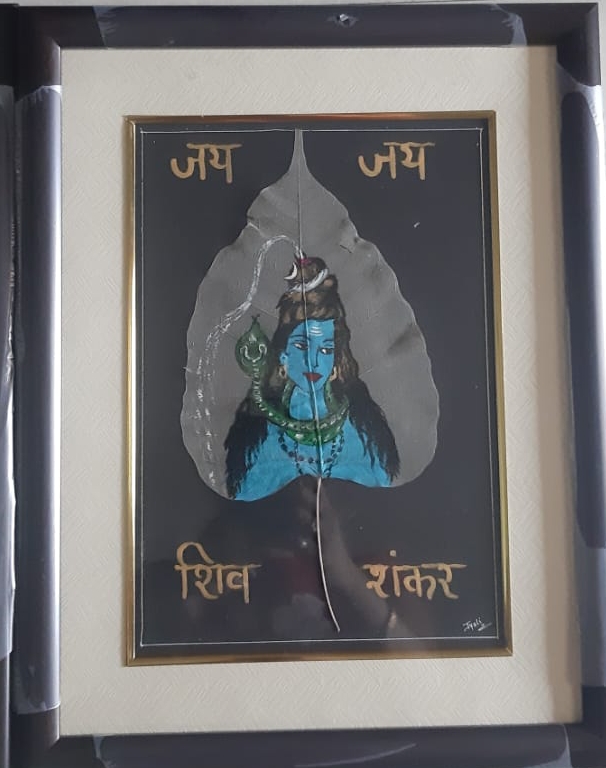 Shiv Shankar Painted on Peepal Leaf 